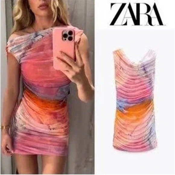Zara Watercolor Print Tulle Sleeveless Mini Dress Medium Pink Orange Blue - Picture 2 of 10
